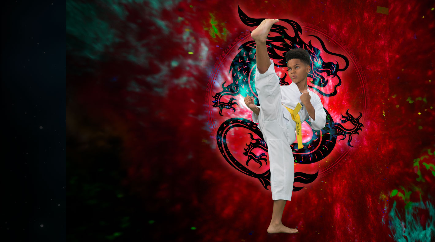 a kid doing karate on a dragon red background